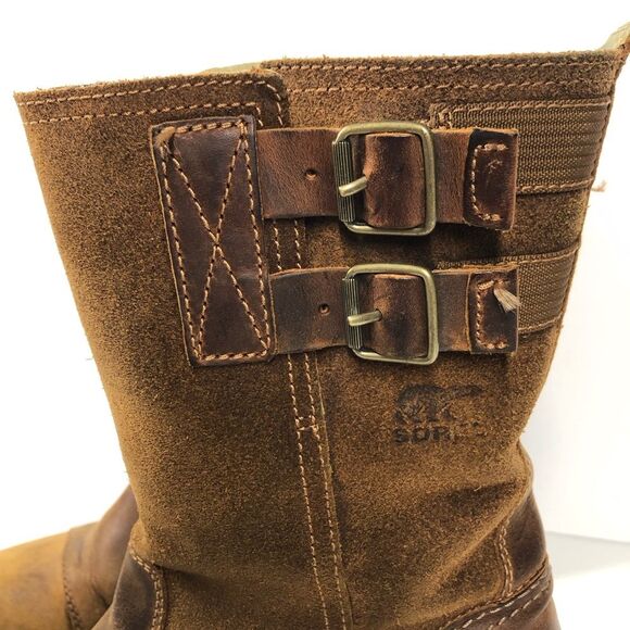 Sorel Major Pull On Boots Tan Brown Leather Mid Calf Buckle Moto 6.5 Nl2166-242 - Picture 2 of 12